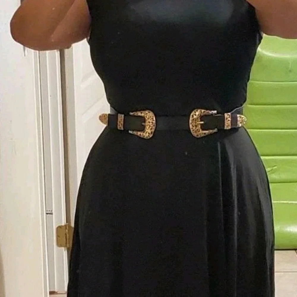 Western Black Double Buckle wide Waist Belt Faux leather Gold Boho Statement